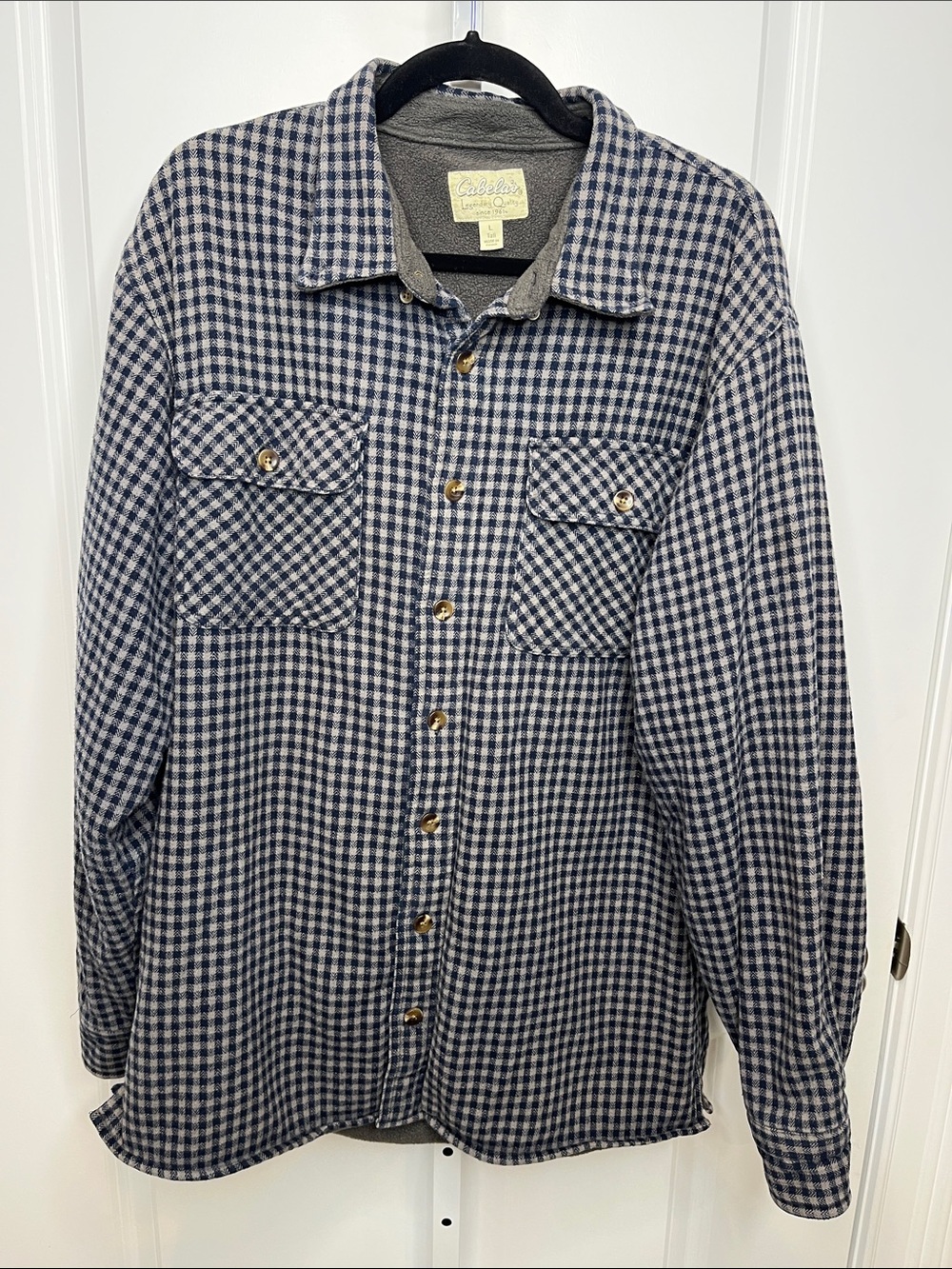 Cabela's Navy & White Gingham Heavy Fleece Lined Flannel Shirt Jacket Men’s LT